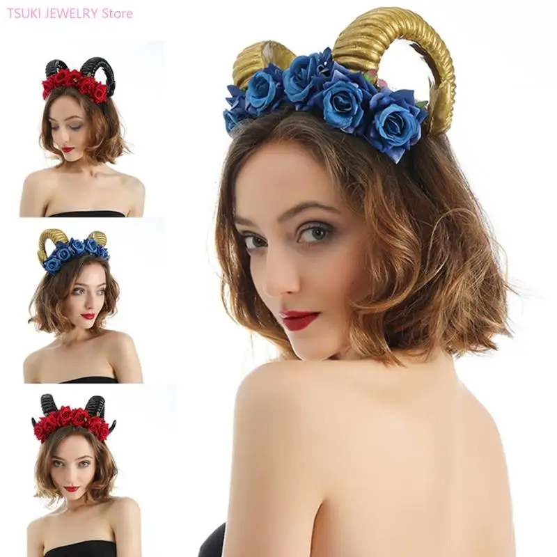 62KE Girls Sheep Horn leadwear Rose Flower Horn Halloween Cosplay Assplay