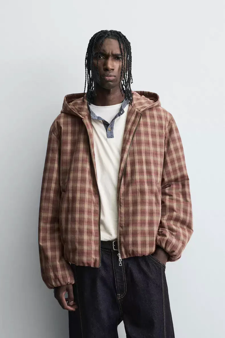 

New Arrival Autumn Men's Loose Fit Cotton Plaid Hooded Jaet Casual Sle Long Sve Zipper Closure Youth Faion Outerwear