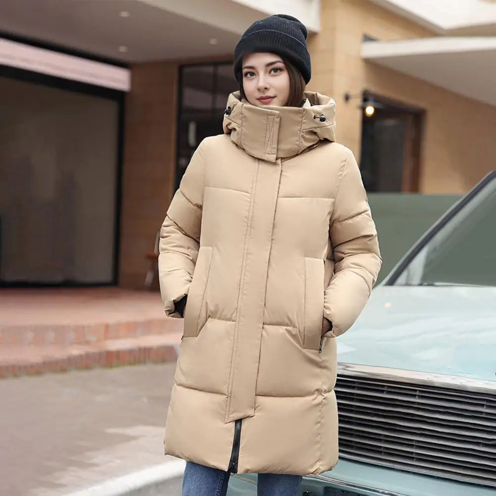 Winter Down Coat Thickened Padded Stand Collar Pockets Hooded Coat Windproof Heat Retention Zipper Closure Pockets Outwear