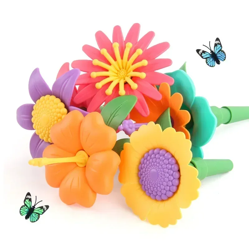 Jouets de construction de jardin de fleurs pour enfants, assemblage de blocs de construction de plantes bricolage, jeux d'empilage créatifs, jouets Montessori dos