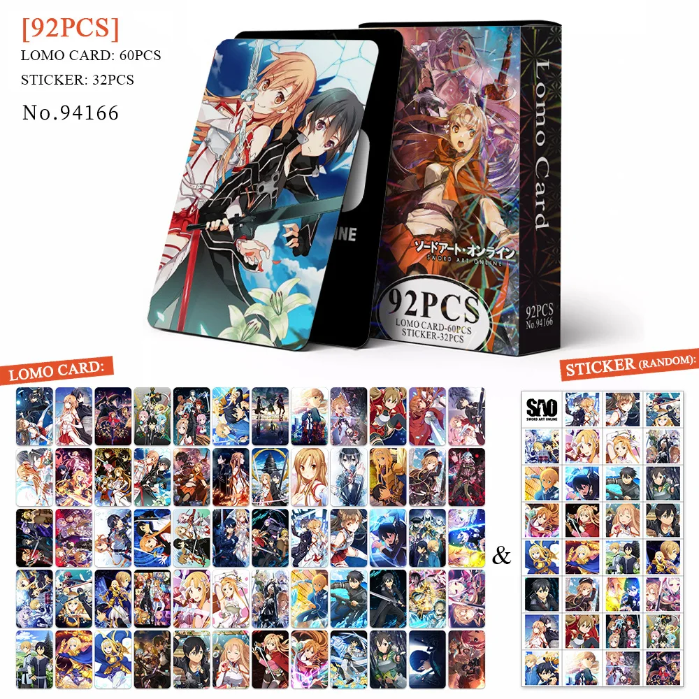 92Pcs/Set Sword Art Online Series Lomo Cards Kirigaya Kazuto Yuuki Asuna Kirigaya Suguha HD Printd Photocards And Sticker Gifts