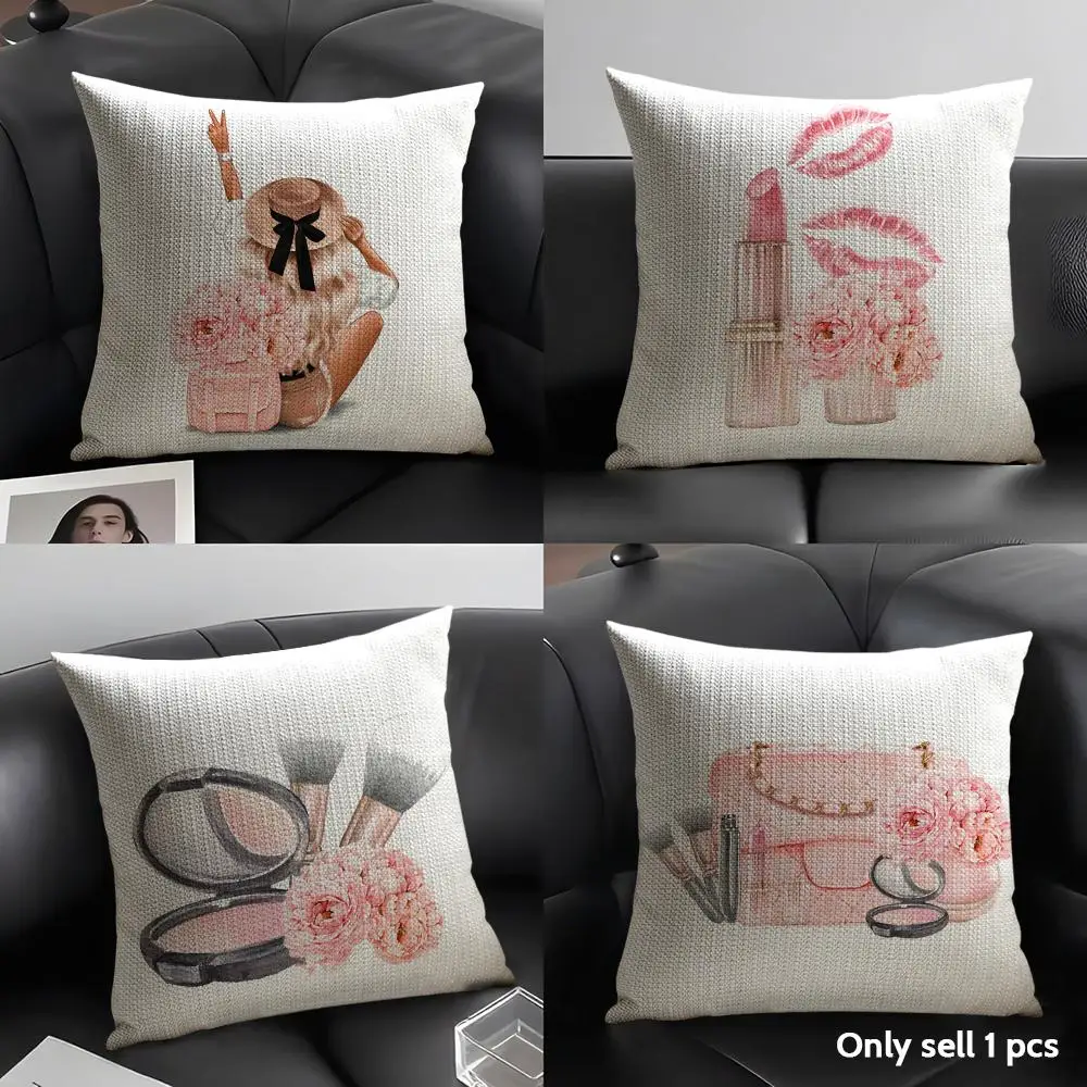 Lip Gloss Patterns Cushion Cover Natural Linen Organic Fabric Double-Sided Printing Breathable Perfect Gift for Decor