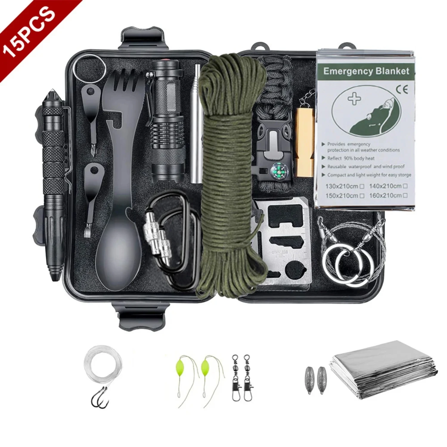 New 15 IN 1 Emergency Survival Kit Gear Camping Travel Multifunction Tactical Defense Equipment First Aid SOS Wilderness Adventu