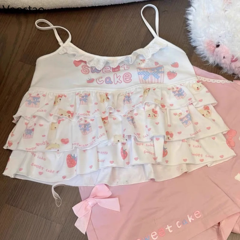 Japanese Kawaii Lolita Crop Tops Women Harajuku Cartoon Print Lace Ruffles Vest Fairy Tank Top Y2k Aesthetic Backless Camisoles