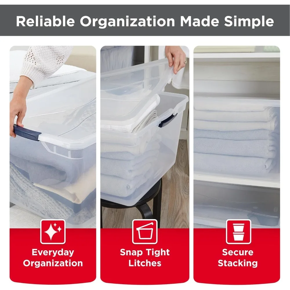 صناديق تخزين شفافة قابلة للتكديس بسعة 74 لترًا من Rubbermaid Cleverstore مع أغطية، 4 عبوات، خالية من مادة BPA، مصنوعة في الولايات المتحدة الأمريكية
