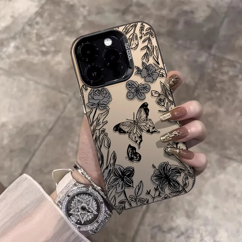 Sketch Flower Butterfly Phone Case for iPhone 11 15 ProMax 12 13 14 Pro X 7/8 Plus XR XSMax Laser Plated Shockproof Bumper Cover image 5