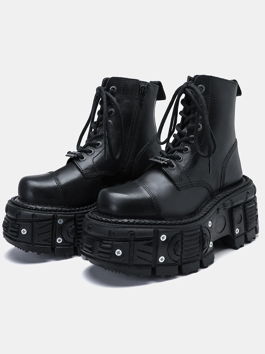 

Black Real Leather High Platform Metal Rivet Lace Up Ankle Boots 2024 New Punk Style Tank Thick Sole Shoes Winter fashon shoes