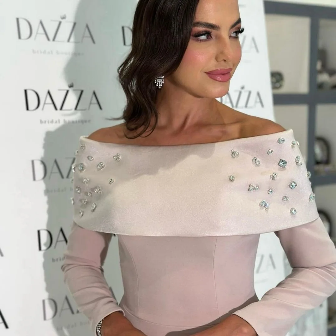 Bella personalizzato rosa glitter scialle bottoni robes de soirée maniche lunghe abiti da festa in raso pavimento-lunghezza abito da ballo a trapezio 2025