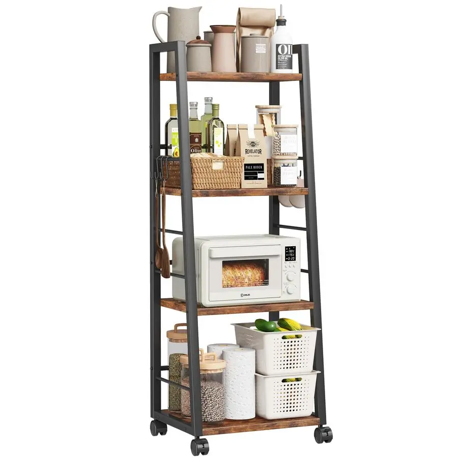 4 Tier Kitchen Storage Cart with Lockable Wheels amp 6 Hooks, Mobile Utility Organizer Rolling Cart for Small Spaces, Bar Cart f