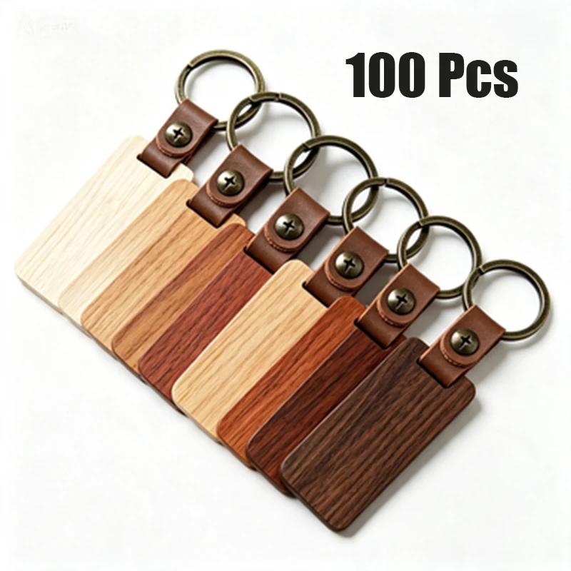 100Pcs Blank Wooden Keychains Rectangle Unfinished Wood Key Tags with Leather Strap Key Rings DIY