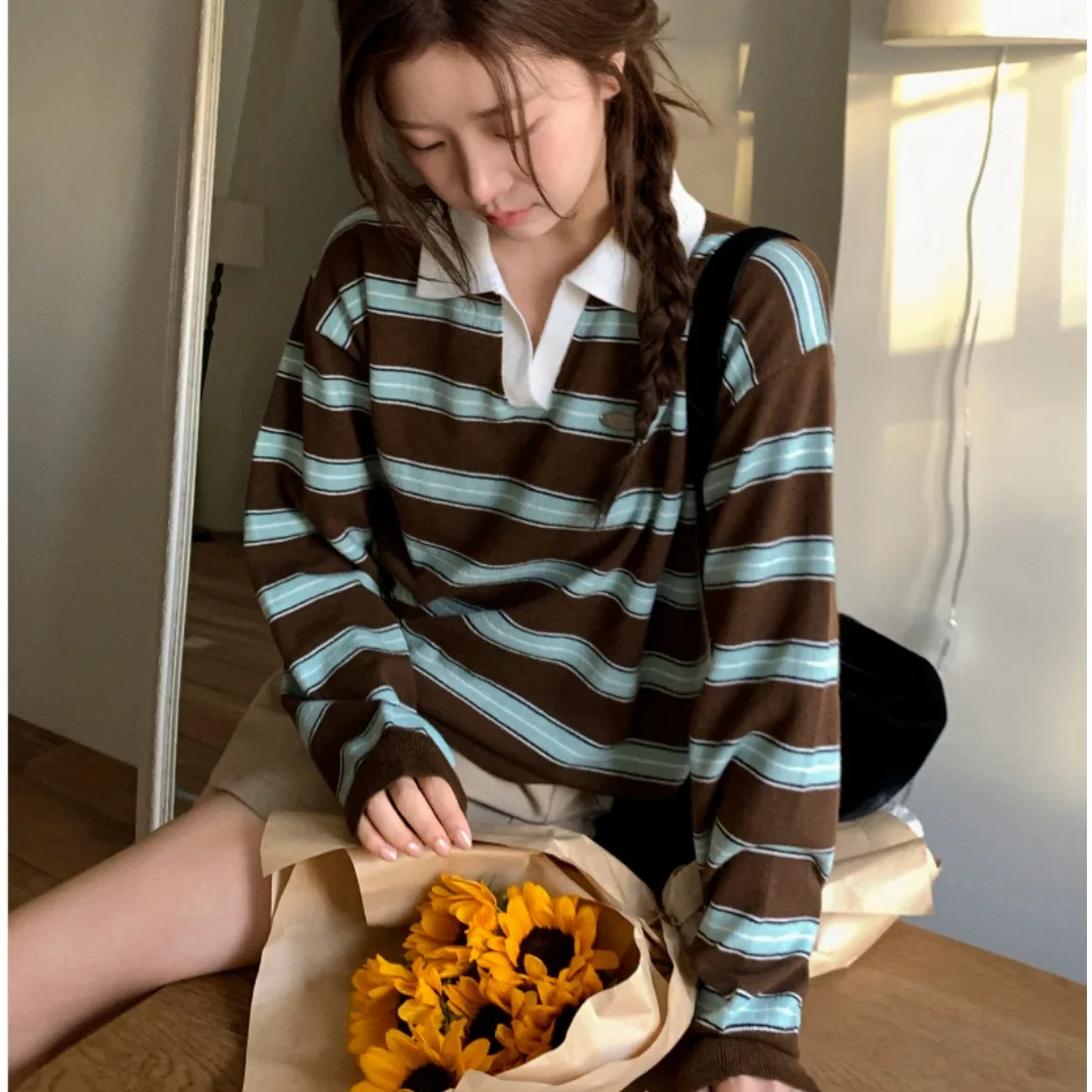 

Loose Long Sve Ne Striped Color Blo Women's Knitted Sweater Chic Versatile College Sle T-irt Top for Ladies