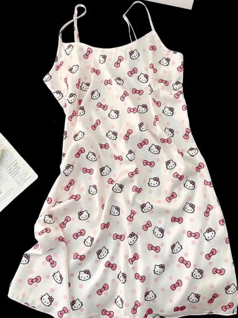 بيجامة نسائية صيفية من سانريو بحمالة هالو كيتي تنورة ليلية بدون أكمام تنورة ليلية مطبوعة برسوم كرتونية ملابس منزلية من الحرير الجليدي