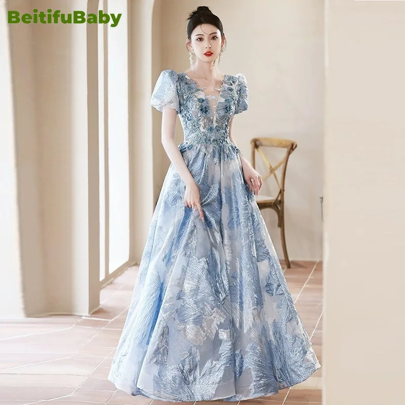 

BeitifuBaby Dubai Women's Party Dresses Elegant Short-sleeved V-neck Appliques Long Skirt Fashion Women Evening Dress Vestidos