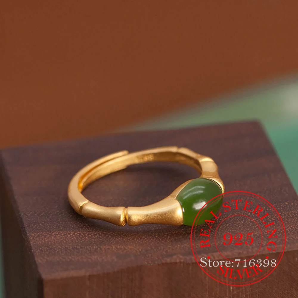 925 Sterling Silver Jewelry 18K Gold Plated Natural Hetian Jade Finger Rings for Women Wedding Party Jewelry Girls Friend Gift