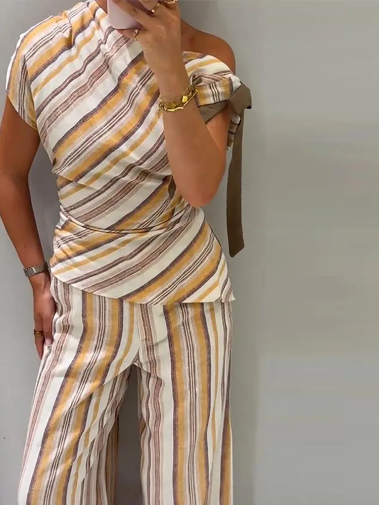 Leinen-Set mit gestreiftem, tailliertem Oberteil und Hose für Damen, sexy One-Shoulder-Oberteil mit Schnürung, plissiert, schmal geschnitten, weit geschnittene Hose, schickes Damen-Outfit – Detail 12