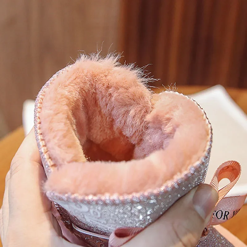 Grils Snow Boots  2022 Winter Kids Fashion Brand Princess Ankle Warm Fur Shoes Toddler Cute Bowtie Glitter Water proof Platform