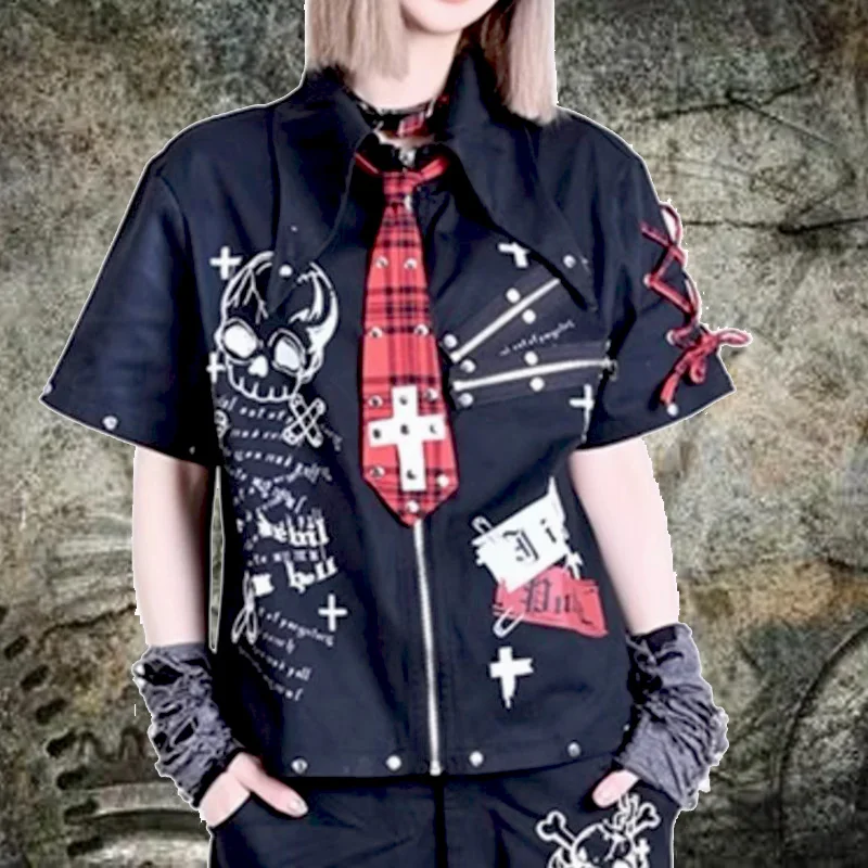 2026  Summer Womens Kill Matt Rock Punk Mens Clothes Japanese Graffiti Skull Clothing Rivet skull pattern short-sleeved shirt