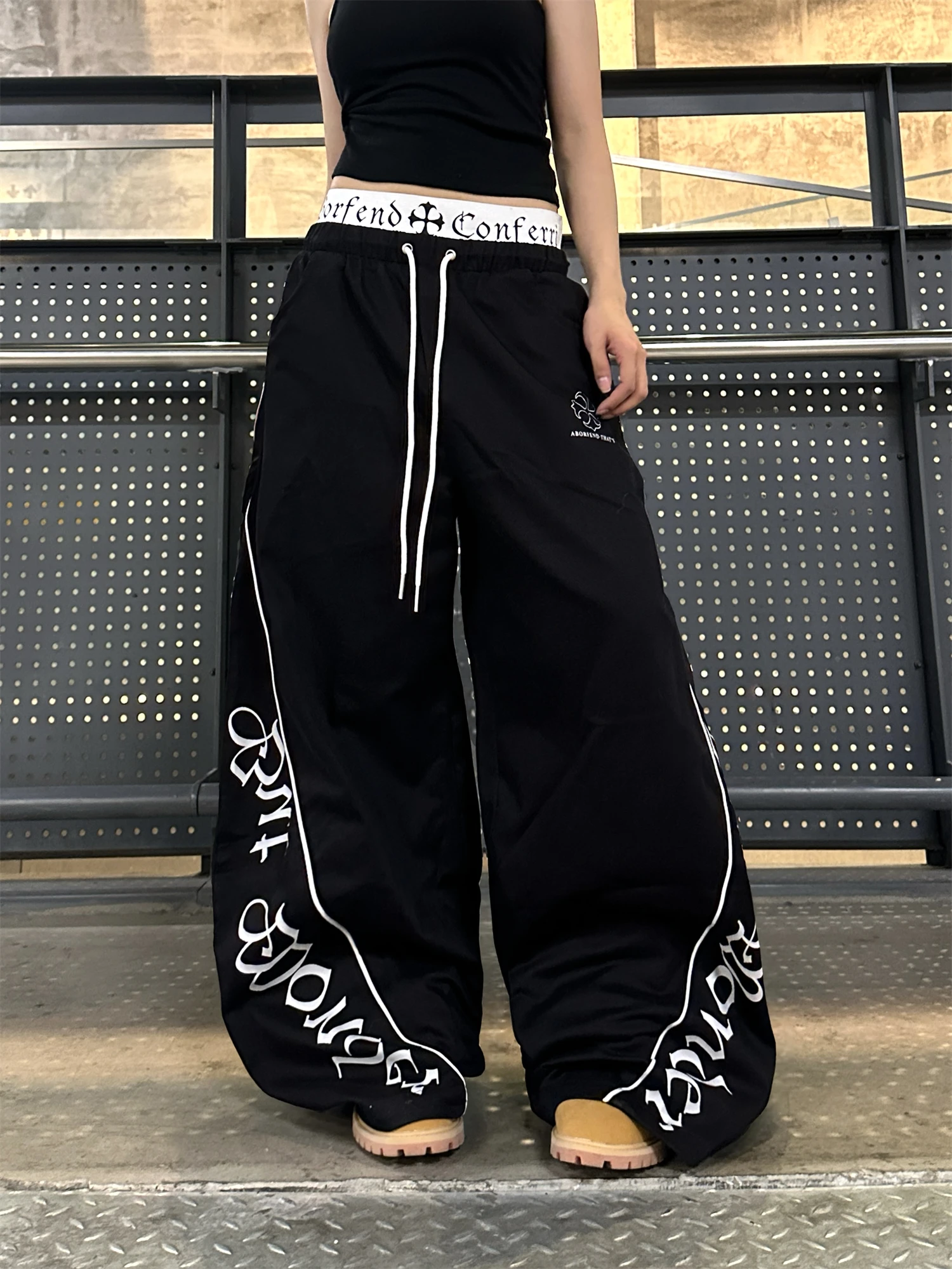 Women's Gothic Printed Baggy Pants Streetwear Y2K Fashion Black Wide Leg Trousers Loose Casual Hip Hop Dance Pants
