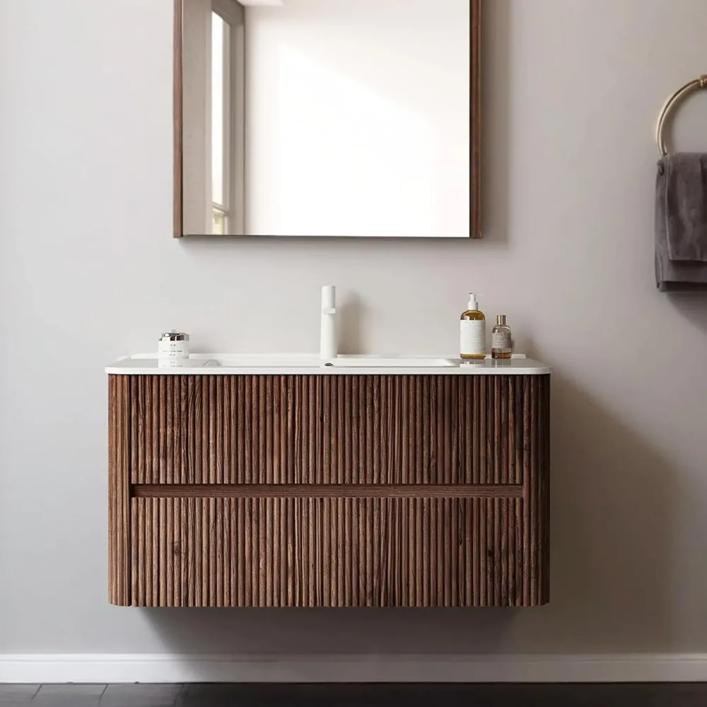 

36" Floating Bathroom Vanities Cabinet with Sink Set, Modern Wall Mounted Storage Cabinet with 2 Wood Stripes Big Drawers