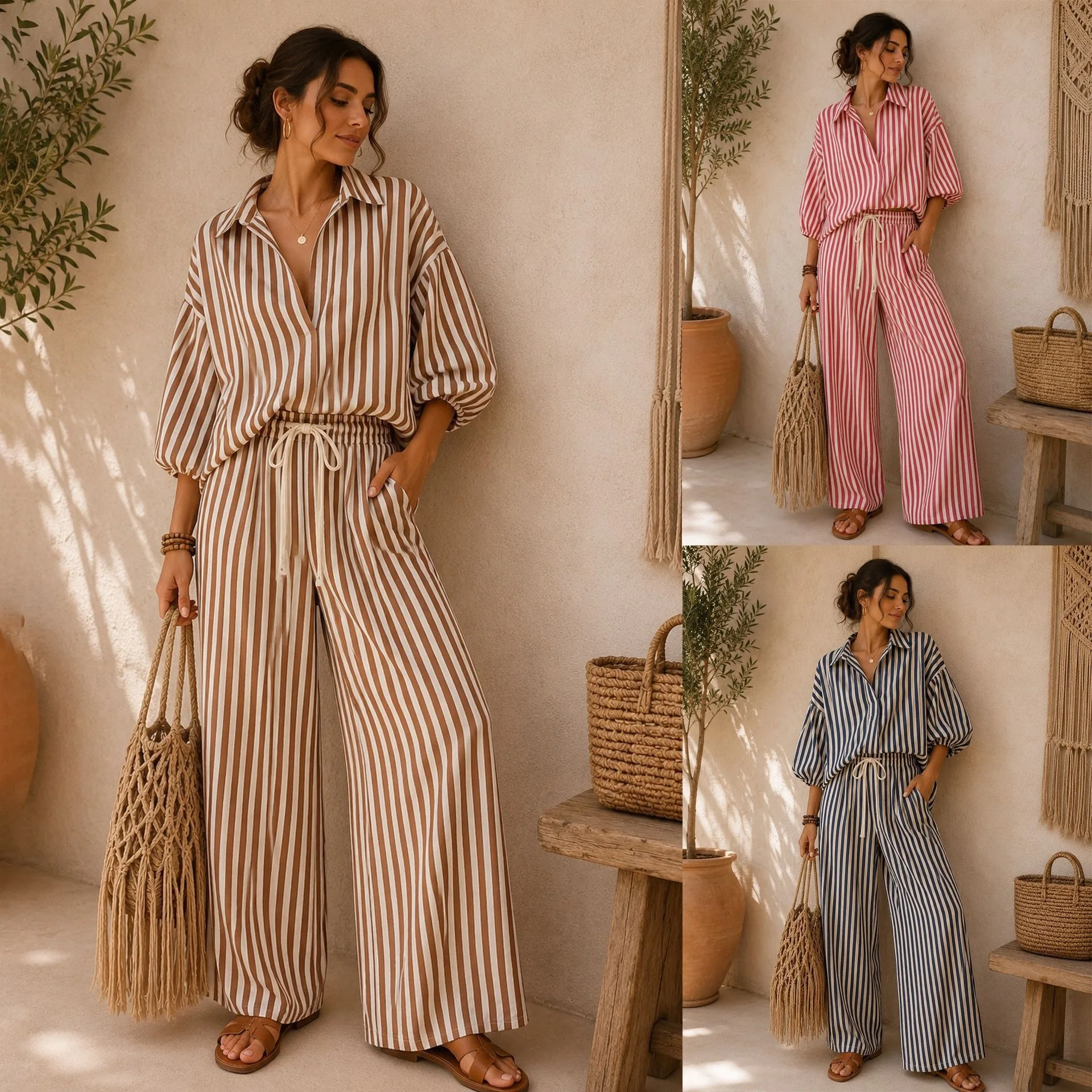 Two-piece Set 2026 Europe, America, Amazon Cross-border Foreign Trade Women's Clothing Casual Fashion Striped Lapel Shirt Trouse