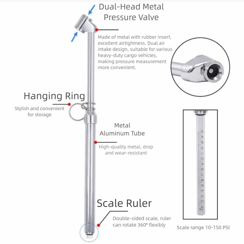

High Precision Tire Pressure Gauge Heavy Duty Portable Air Pressure Gauge with Hanging Ring Dual Head Mechanical Air Gage
