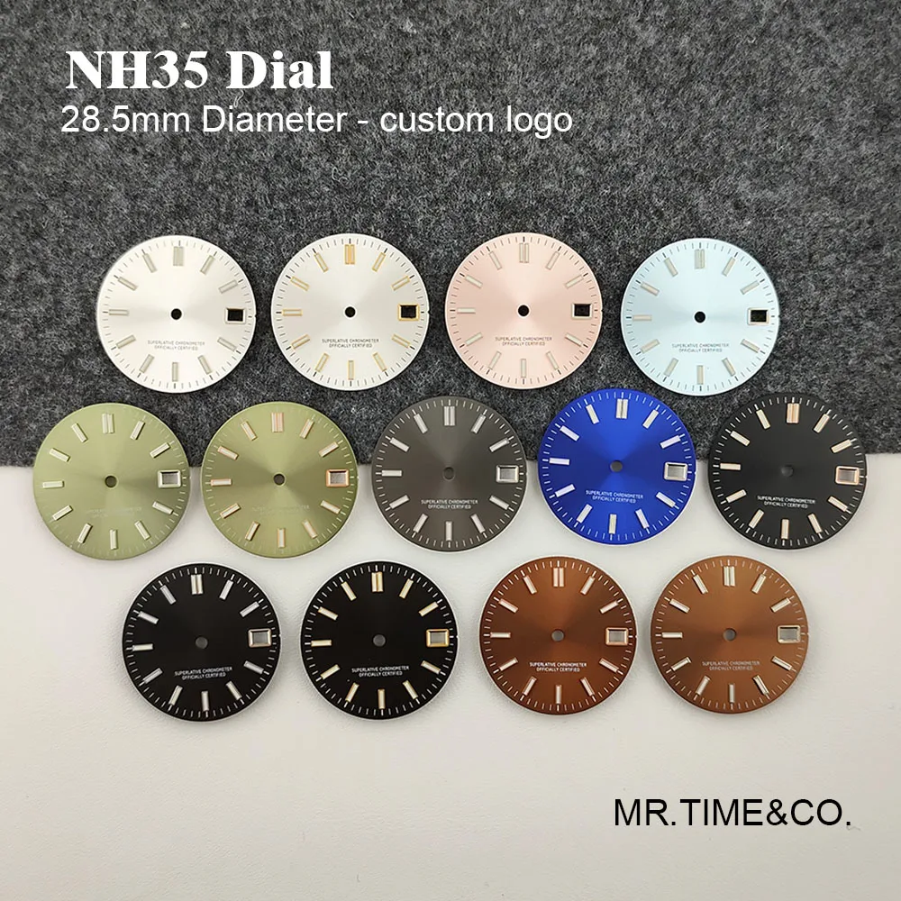 

Циферблат NH35 диаметром 28,5 мм, индивидуальный логотип, зеленый светящийся циферблат, аксессуары для мужских часов, подходящие для механизма NH35.