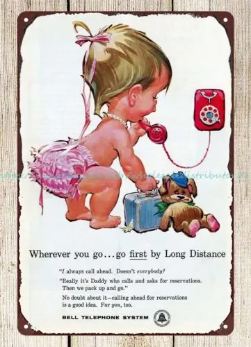 Bell Telephone System Ad 1960s cute baby girl metal tin sign modern wall art