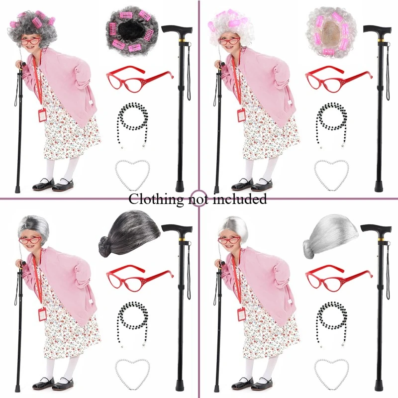 

Kids 100 Days Of School Cosplay Props Old Lady Sunglasses Wig Full Set 5-piece Set Role Play Prop Purim Halloween Women Girls