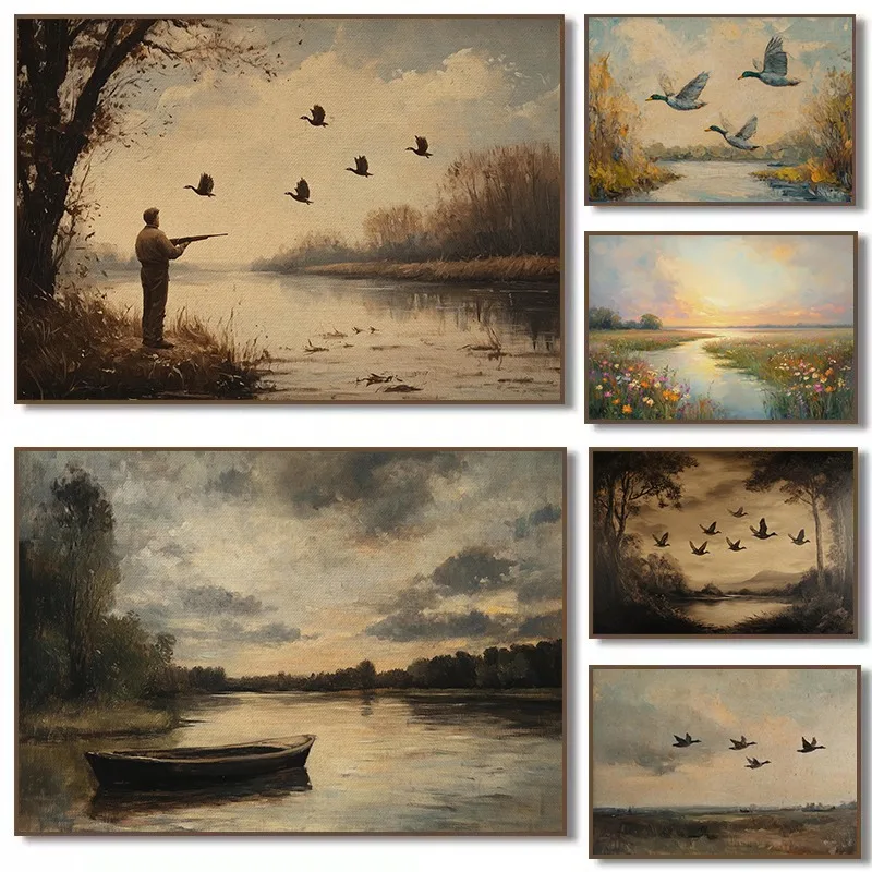 Vintage Countryside Flying Ducks Country River Boat Landscape Hunting Poster Canvas Painting Wall Art Pictures Home Decor