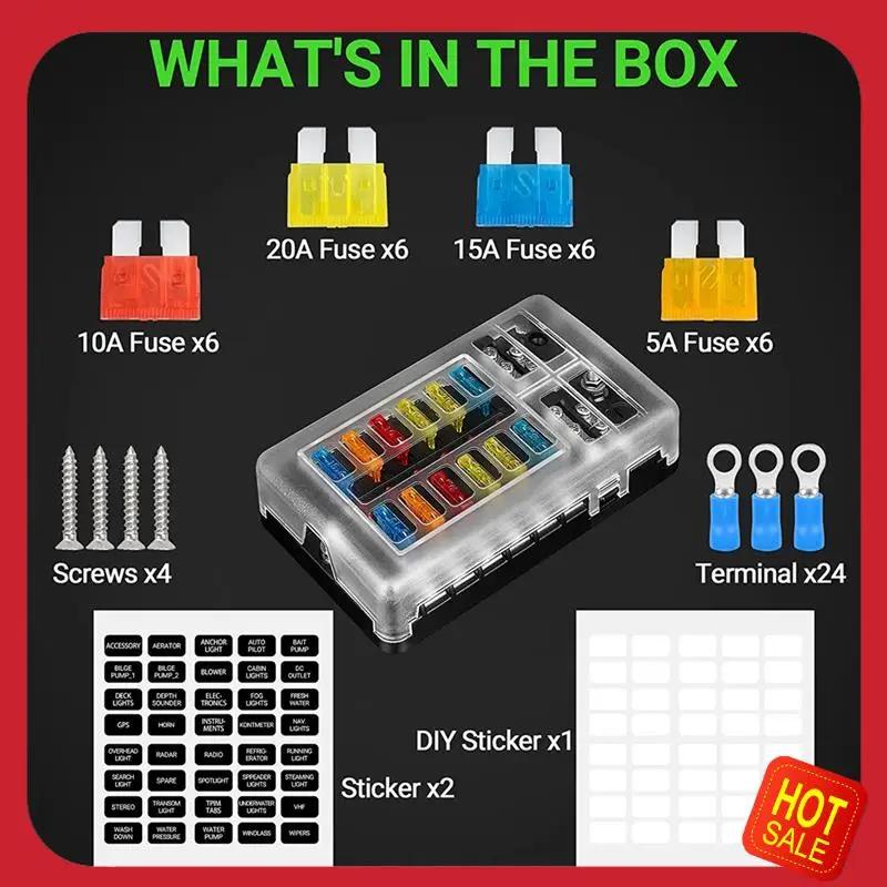 

A08I 12V Fuse Block 12 Circuit Fuse Box Kit,With LED Indicator With Negative Marine Fuse Box For Dc12-24V Car Boat RV Truck