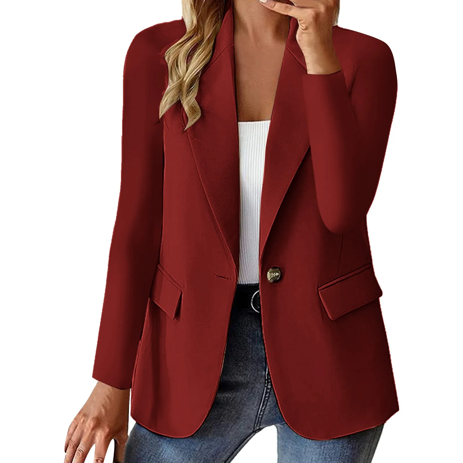 Temperament Woman Clothing Solid Color Cardigan Single Button New In Coats Casual Lapel Long Sleeve With Pockets Beat Jacket