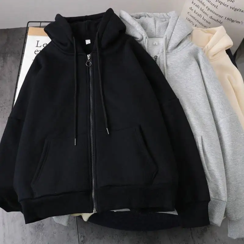 Solid Oversized Hoodie Zipper Woman Clothes Winter Plus Velvet Loose All-match Coat Casual Women\'s Sweatshirt Couple Clothes