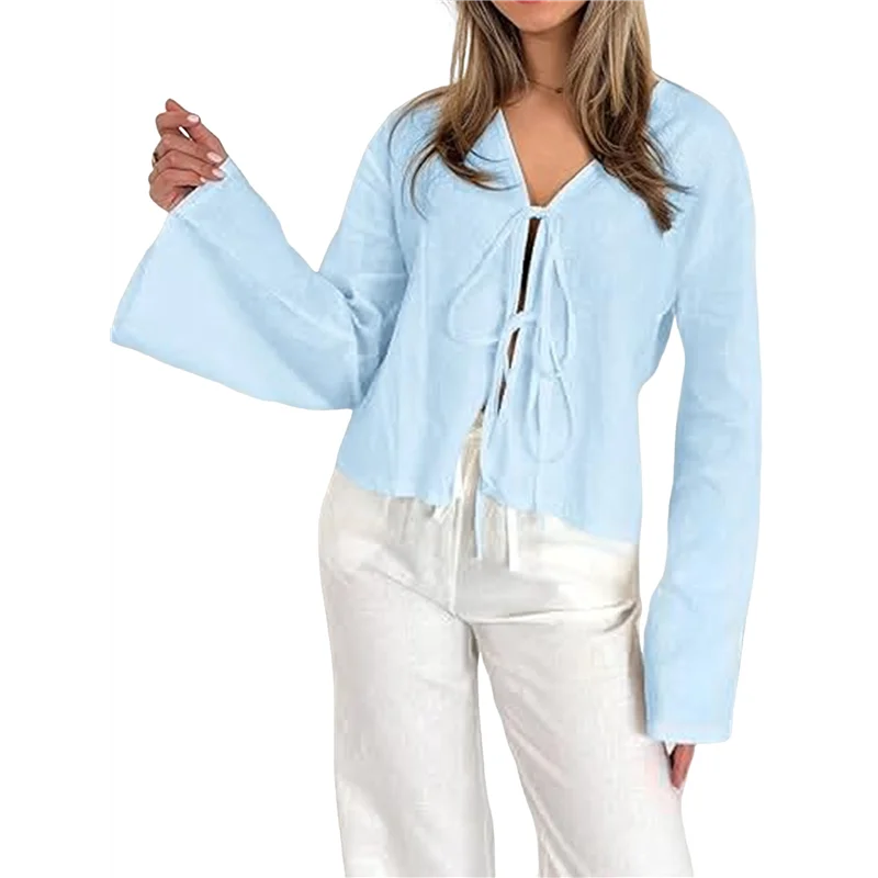 

ABRT-Tie Front Tops For Women Y2K Cotton Shirts Flare Sleeve V Neck Clothes Casual Lace Up Bow- Blouses