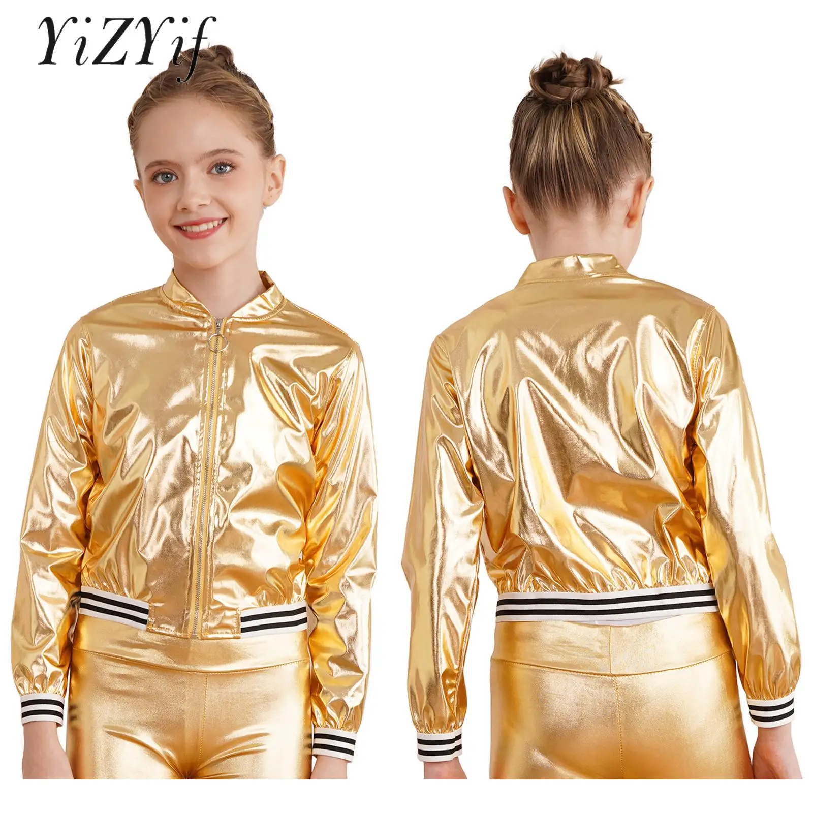 

Girls Boys Stylish Clothing Jazz Street Dancewear Performance Tops Stand Collar Patchwork Style Zipper Bronzing Cloth Outerwear