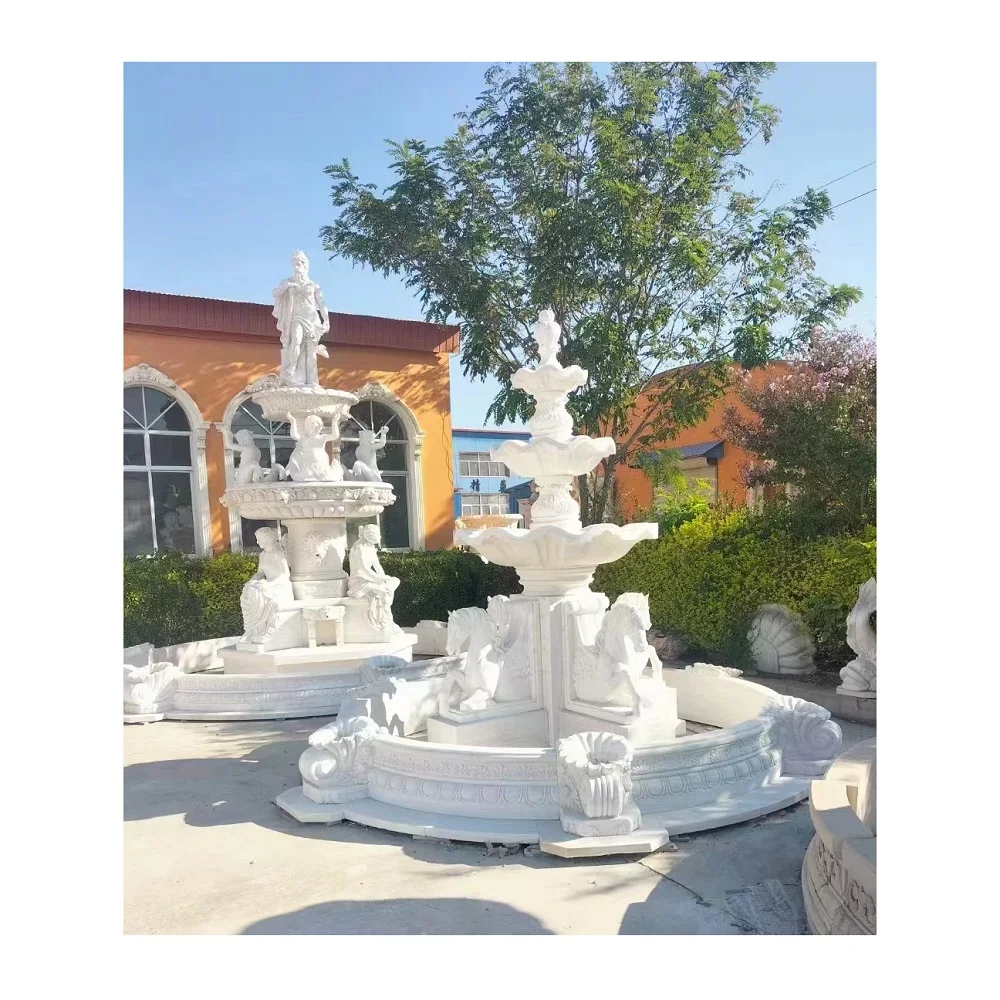 Decorative Outdoor Home Decor White Marble  Horse Statue Freestanding Water Flow Fountain for Garden Deposit Only