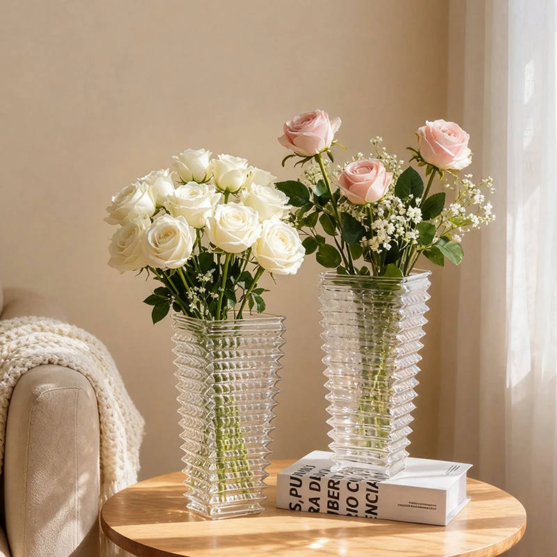 New Novelty Textured Clear Glass Flower Vase Large Capacity For Fresh Bloom Hydroponic Home Hall Table Modern Decor Vessel