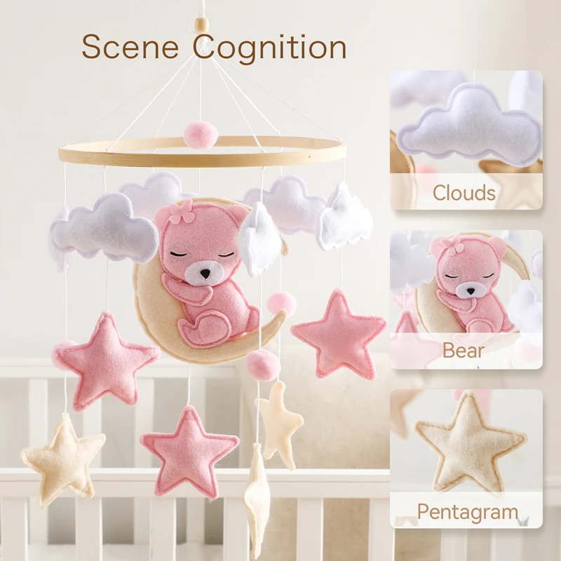 1pc bebê cama móvel sino brinquedo dos desenhos animados rosa urso de pelúcia recém-nascido calmante chocalhos brinquedo de madeira cama do bebê pendurado brinquedo presentes de nascimento do bebê