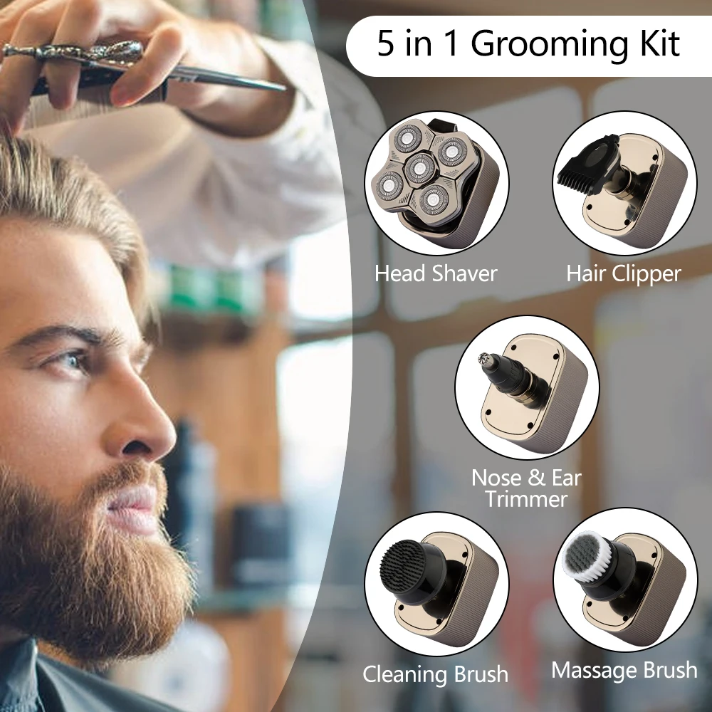 ماكينة حلاقة كهربائية للرجال ماكينة تشذيب شعر اللحية 5D شفرة عائمة رئيس ماكينة حلاقة كهربائية متعددة الوظائف ماكينة حلاقة الرأس الأصلع