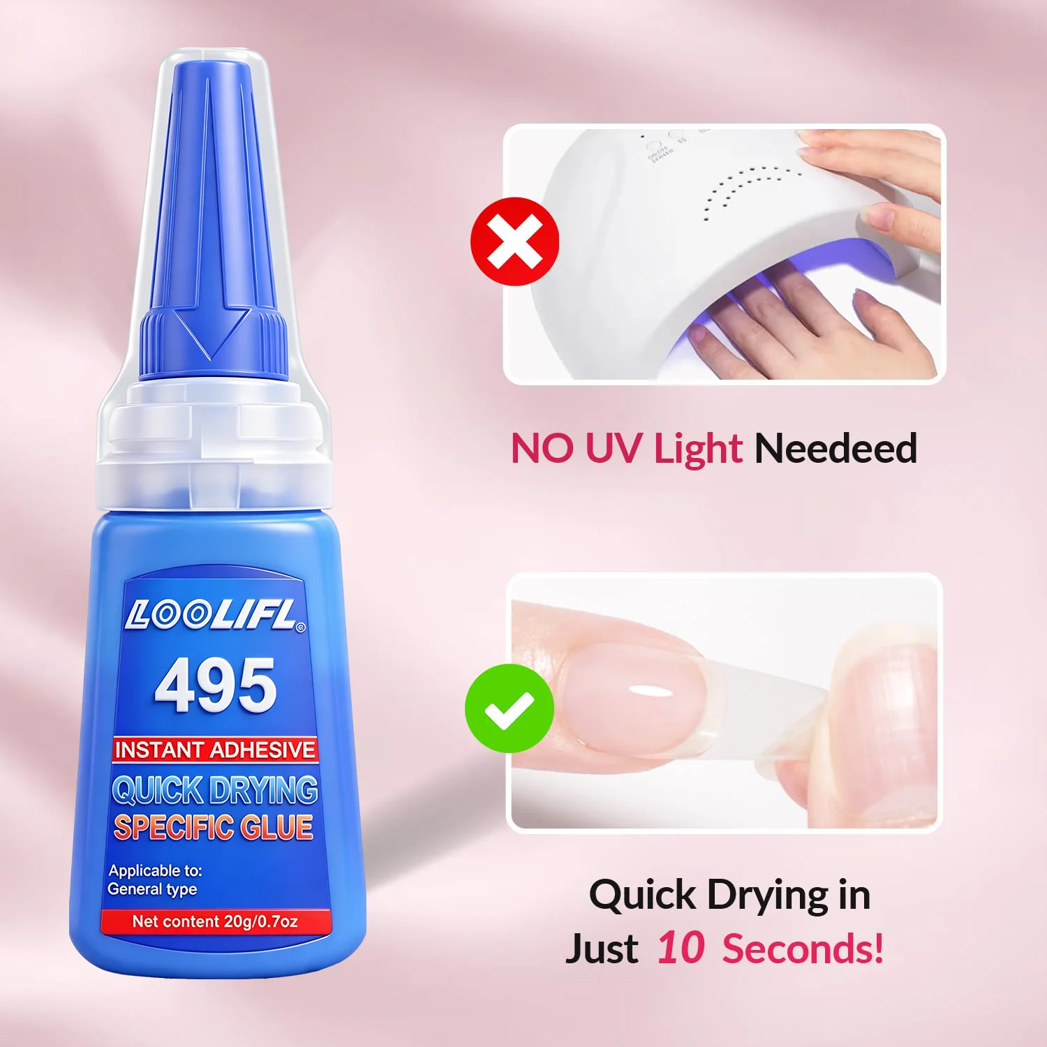 LOOLIFL Superstarker Nagelkleber für künstliche Nägel, weiche Nagelspitzen, schnell trocknend, geeignet für Anfänger in der Nagelkunst, langanhaltender Kleber – Detail 7