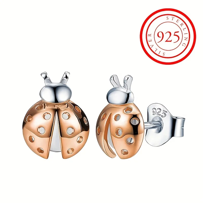 925 Sterling Silver Hypoallergenic Stud Earrings Lucky Ladybug Design 18K Plated Jewelry Unique Statement Female Earrings