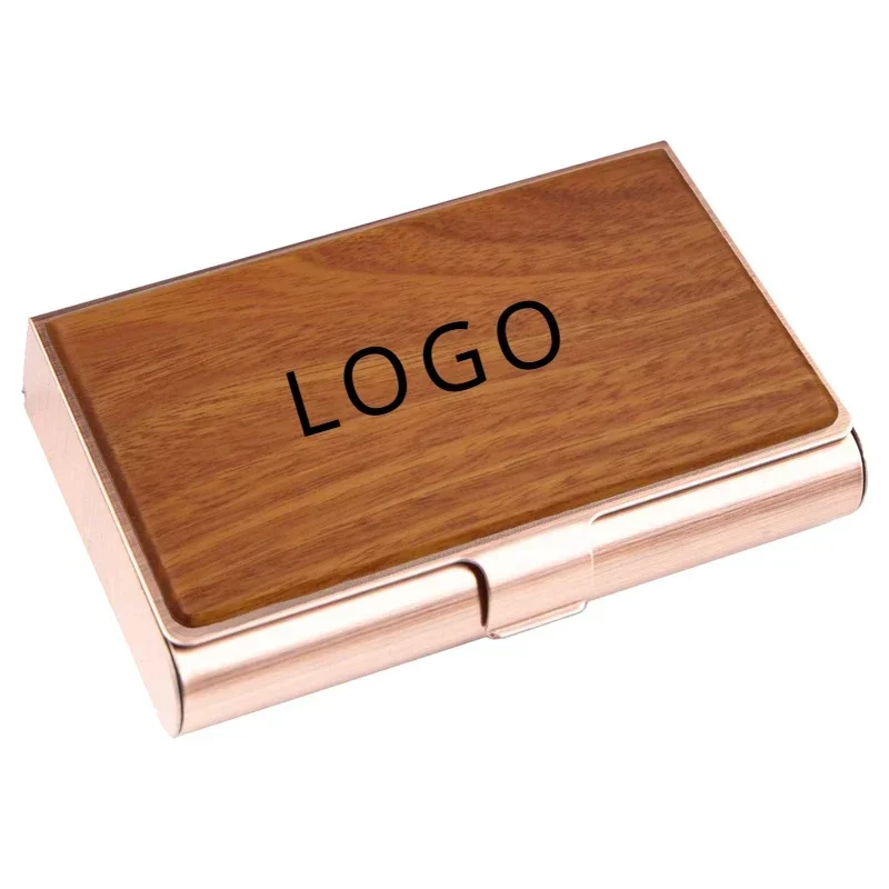 Laser Engrave Logo Wood Cardcase Wooden Customized Business Card Box Case Personalized Metal Titanium Plating Clip Activity Gift