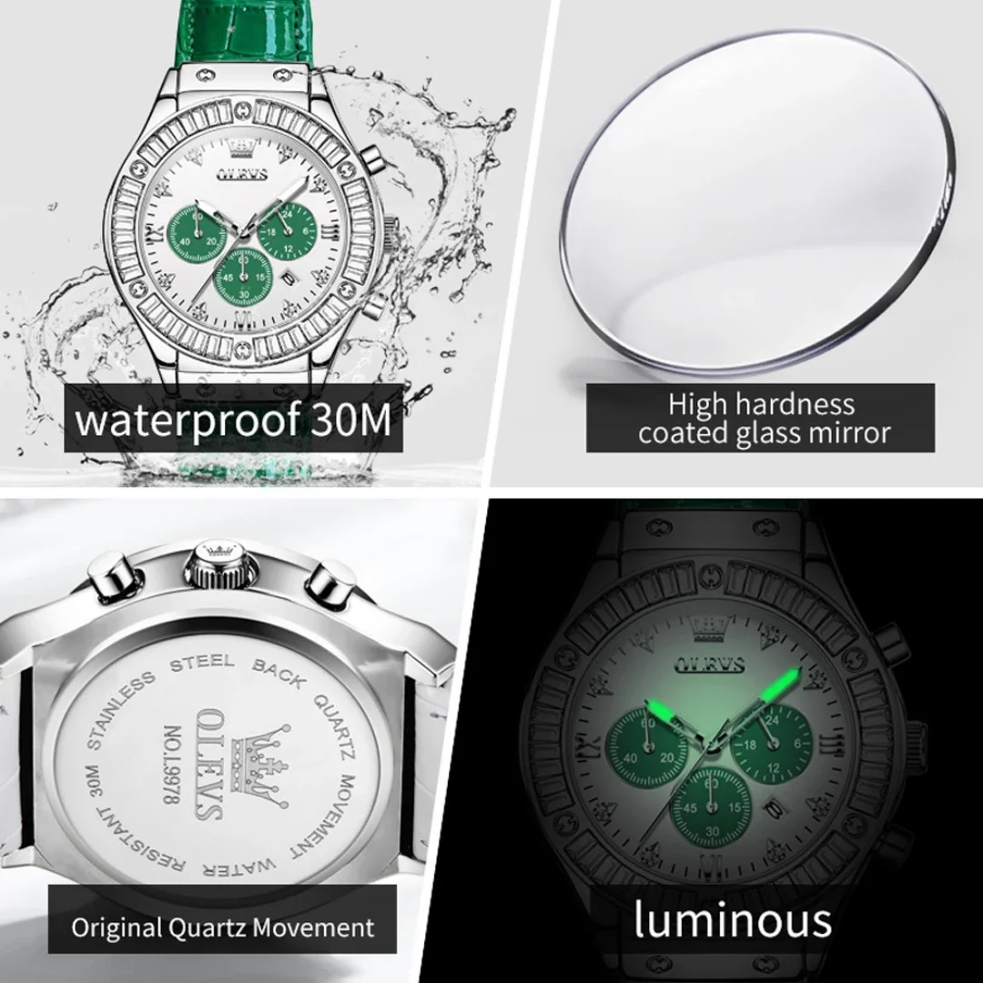 OLEVS-reloj de cuarzo con correa de cuero genuino, cronógrafo con esfera redonda y calendario, a la moda, 9978