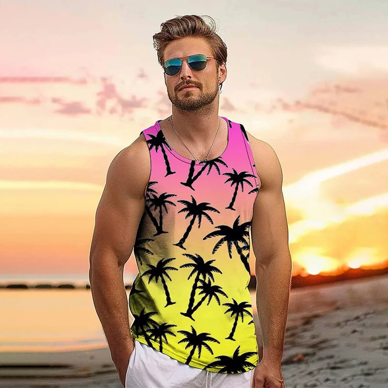 

Summer Harajuku 3D Printed New Tropical Leaves Tank Top Men Coconut Trees Graphic Tank Tops Fashion Streetwear Cool Vest Clothes