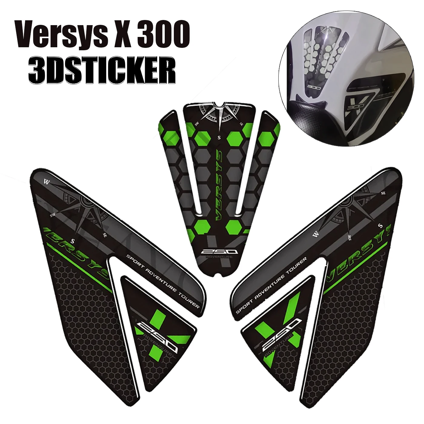 For Kawasaki Versys X 300Motorcycle  3D Stickers Adhesive Decals  Gas Fuel Oil Kit Knee Protector Tank Pad Grips