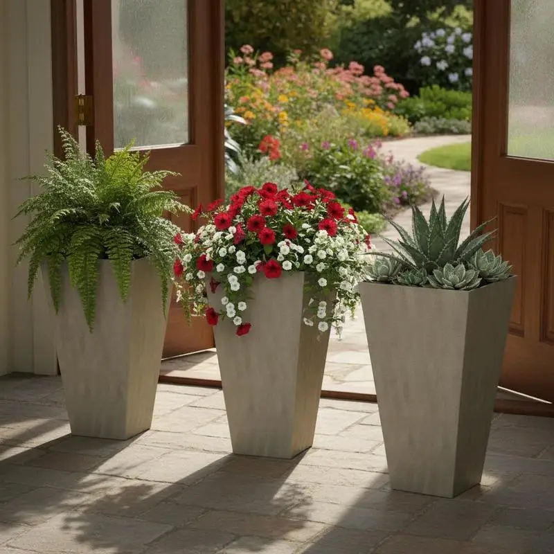 

28" Tall Garden Plastic Planters, Outdoor and Indoor Flower Pots, Set of 3 for Entryway, Patio, Yard, Mixed Gray