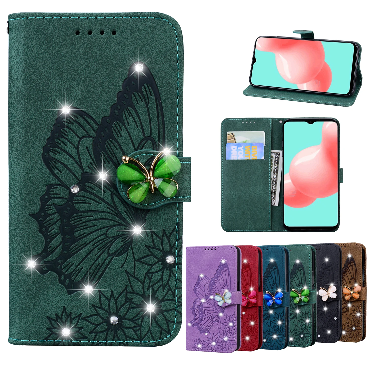 Glitter Butterfly Leather Flip Case For Xiaomi 12T/12TPro 11T/TPro Xiaomi Redmi A1 2022 Note 11 4G/5G Fundas Wallet Phone Cover