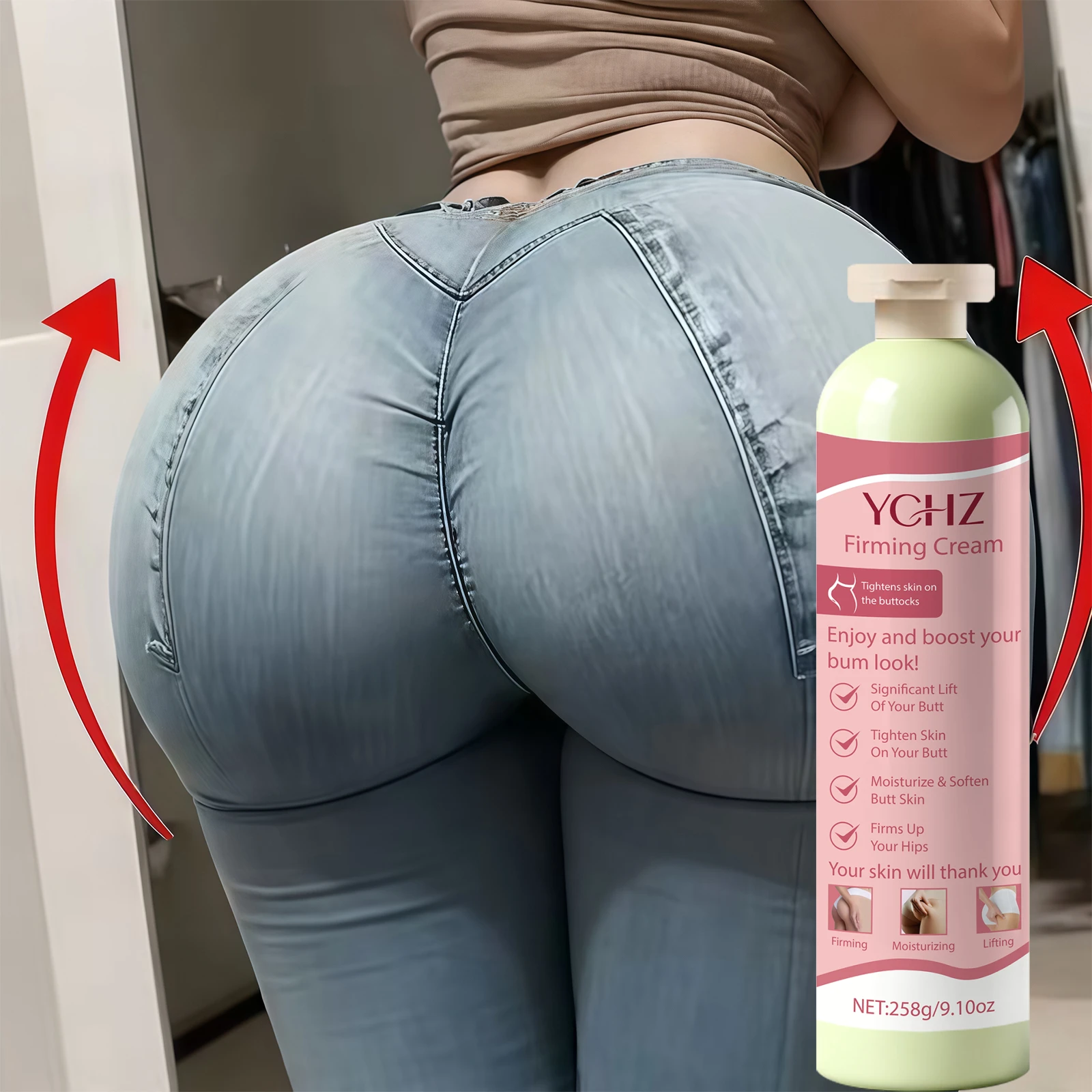 Firming Butt Cream - Hypoallergenic Firming and Moisturizing Body Cream with Collagen, Ceramide, Hyaluronic Acid, and Elastin - Lactose-Free, Firming Effect, 258g