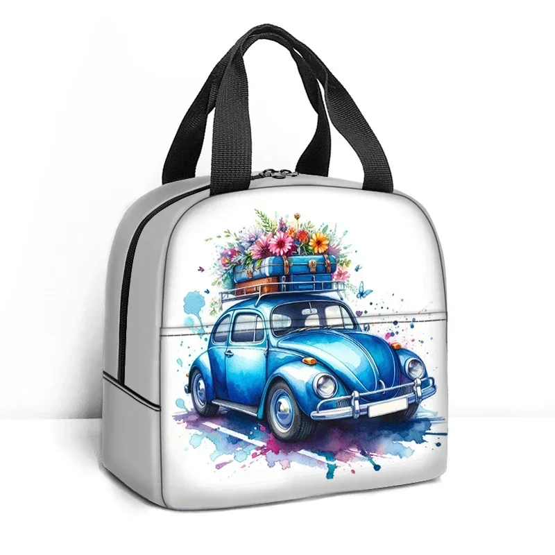 Watercolor Travel Car Print Lunch Bag Electric Motorcycle School Bus Flowers Lunch Box Outdoors Portable Thermal Lunch Bags Gift