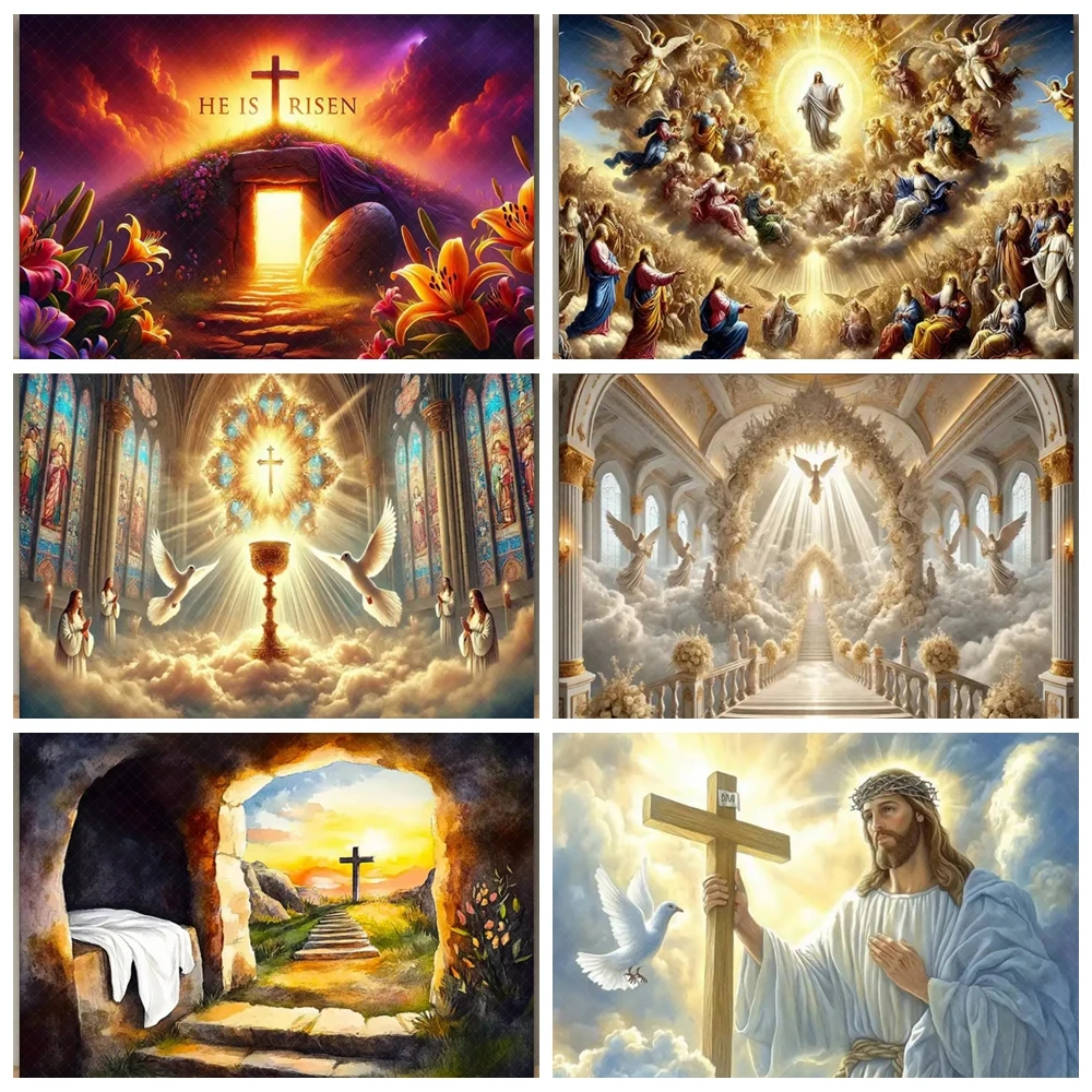 

Easter Resurrection Scene Backdrop He Is Risen Cross Empty Tomb Lilies Angels Religiou Celebration Photography Background Banner