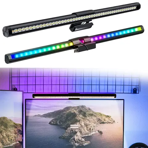 Lampada a sospensione per schermo del computer a LED Barra luminosa per monitor con schermo con regolazione continua USB con retroilluminazione RGB Lampada da lettura per atmosfera